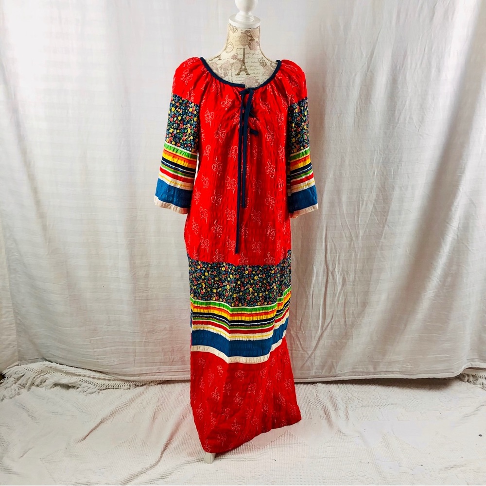 Vintage 70s Hippie Peasant Dress Cotton Red Floral Stripe Flare Sleeves Large